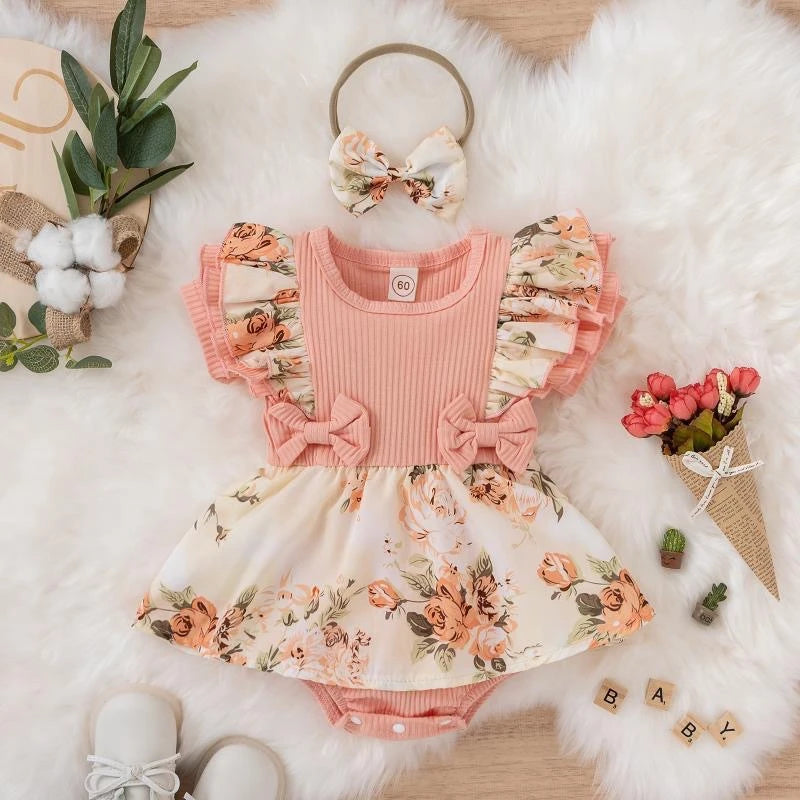 Vestido de verão para bebê menina com laço, macacão listrado de algodão, roupa floral para recém-nascida, roupa para bebê engatinhar.