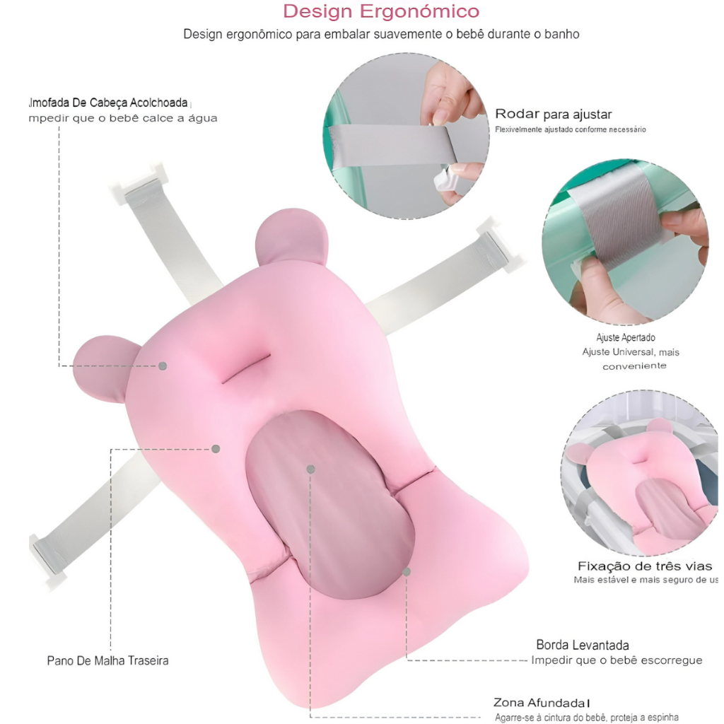 almofada de banho para bebe com trava para banheira flutuante regulável segura fácil secagem