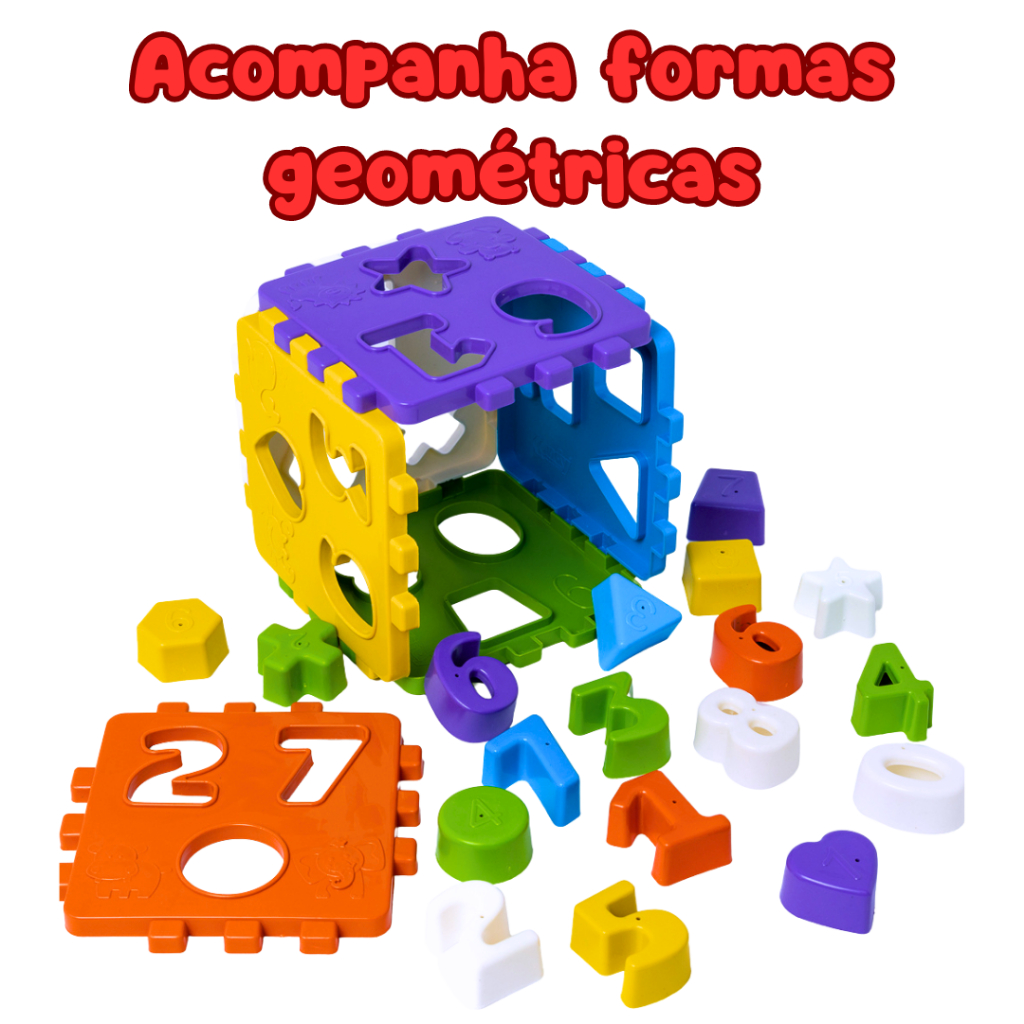 Kit 2 Brinquedo Infantil Didático Torre Mágica+ Cubo Médio Encaixar e Empilhar Menino e Menina 1 Ano