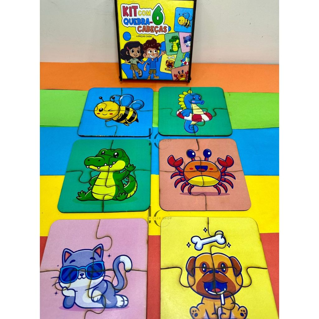 Kit 6 Jogos Quebra Cabeça Animais Infantil em madeira Mdf 4 peças cada (6 unidades) 1 ano