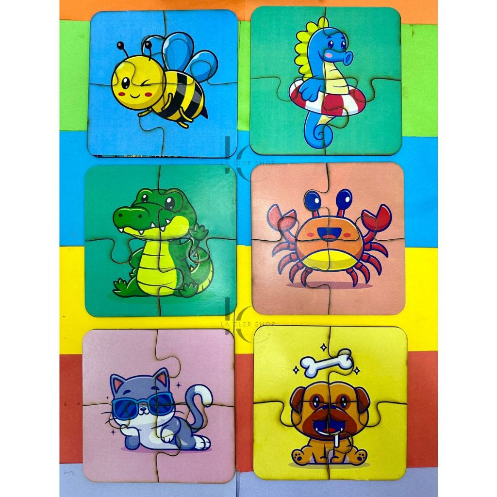 Kit 6 Jogos Quebra Cabeça Animais Infantil em madeira Mdf 4 peças cada (6 unidades) 1 ano
