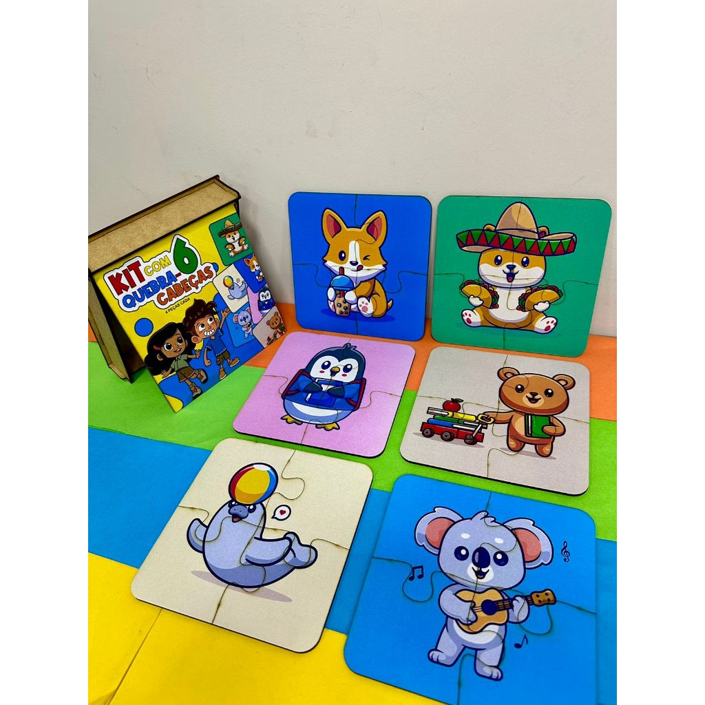 Kit Educativo Quebra-Cabeça de Madeira – 6 Modelos Coloridos com 4 Peças Cada!