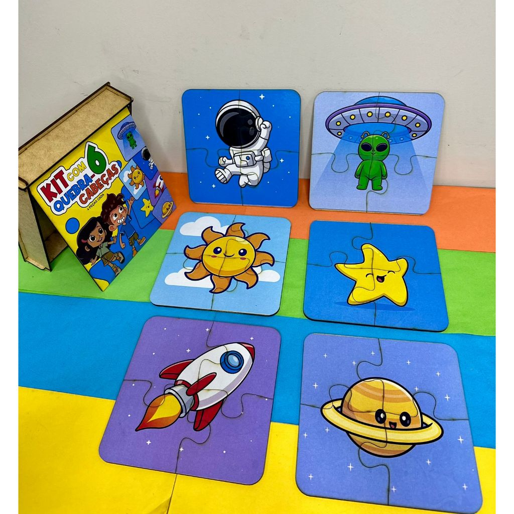 Kit Educativo Quebra-Cabeça de Madeira – 6 Modelos Coloridos com 4 Peças Cada!