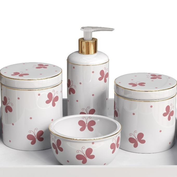 Kit 5 Pecas Higiene Em Porcelana Com Bandeja De MDF Em Branco 3 Variacoes De Decoracao