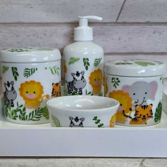 Kit 5 Pecas Higiene Em Porcelana Com Bandeja De MDF Em Branco 3 Variacoes De Decoracao
