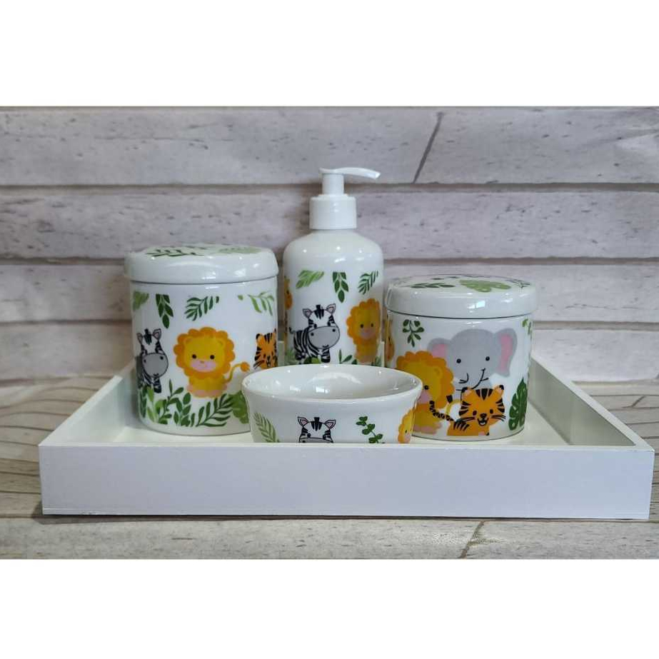 Kit 5 Pecas Higiene Em Porcelana Com Bandeja De MDF Em Branco 3 Variacoes De Decoracao