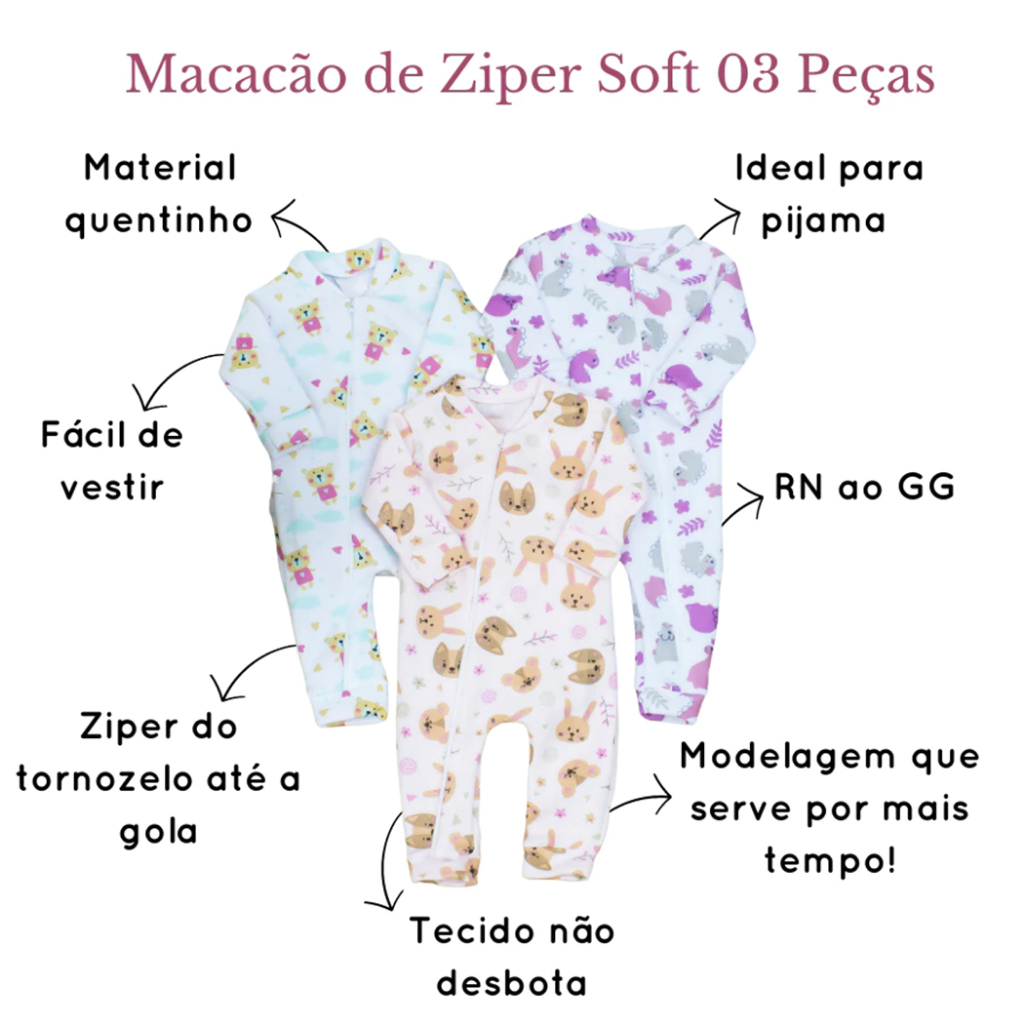 Macacão Bebê Soft Quentinho Menina e Menino 03 Peças Estampas Sortidas - Macacão Inverno