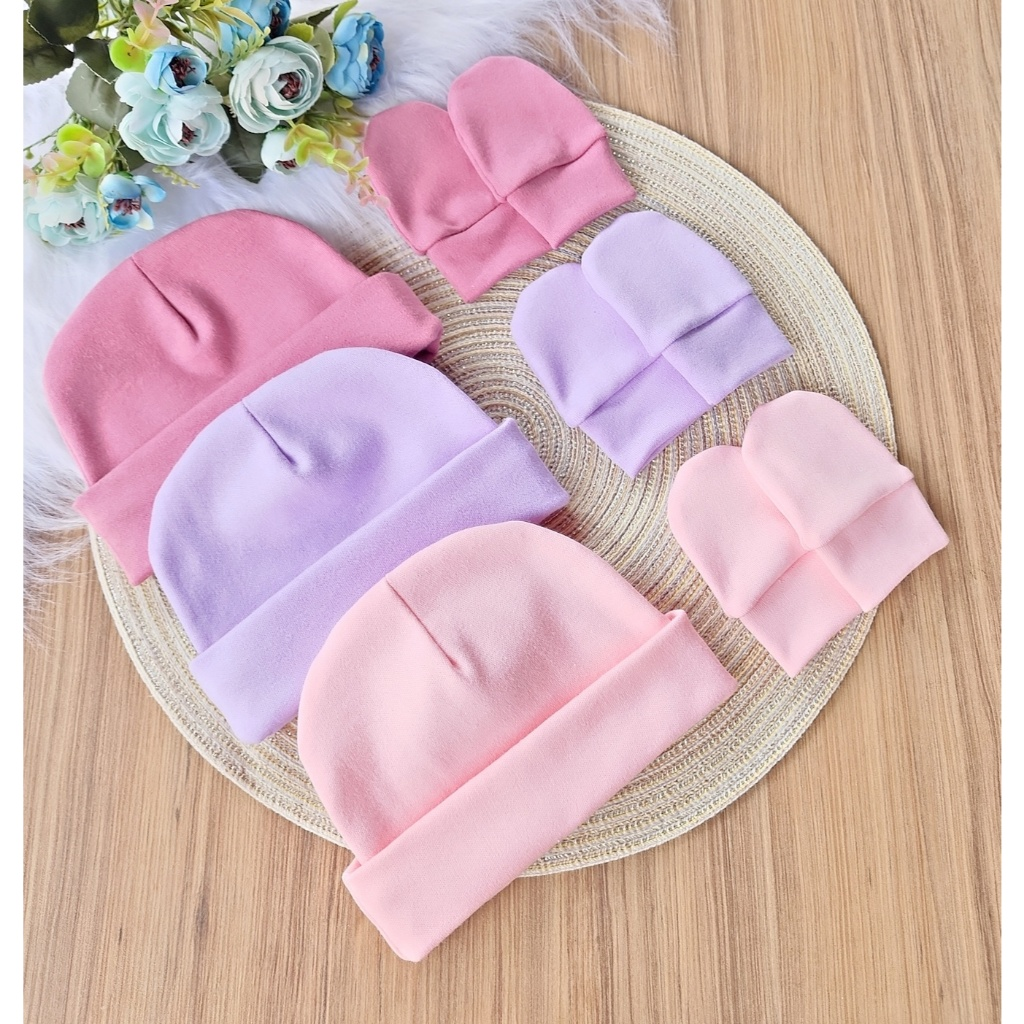 Kit com 3 Toucas + 3 Pares de Luvas para Bebê – 100% Algodão