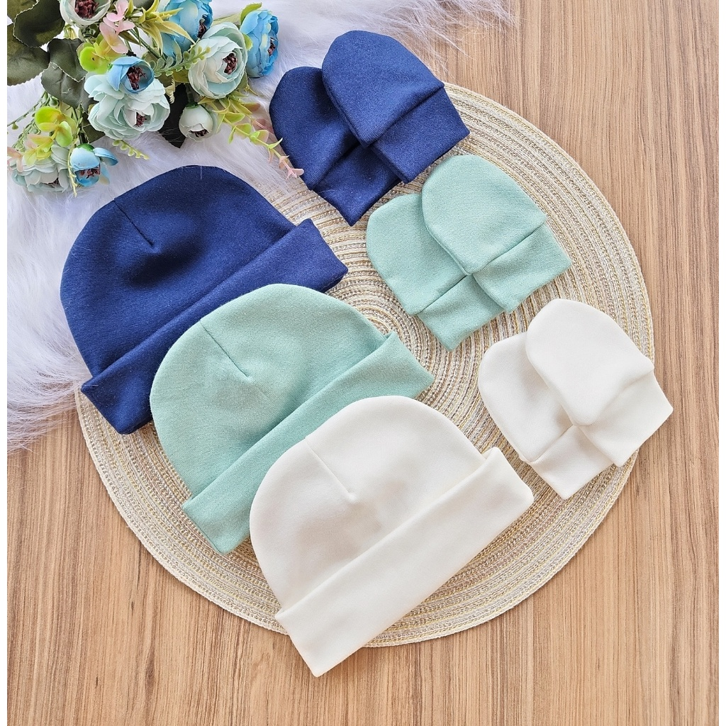 Kit com 3 Toucas + 3 Pares de Luvas para Bebê – 100% Algodão