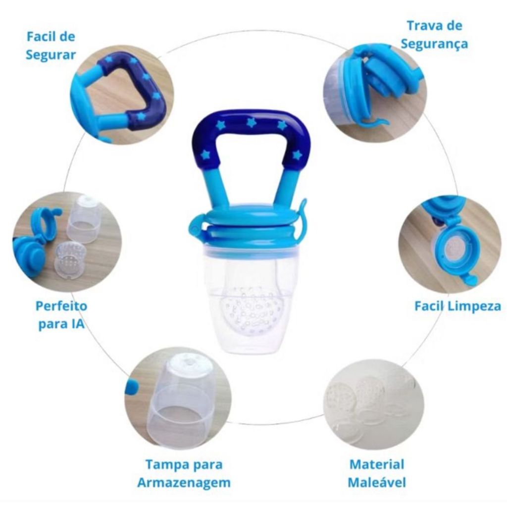 Chupeta Mordedor Alimentadora Bebê De Silicone Porta Fruta Azul e Rosa