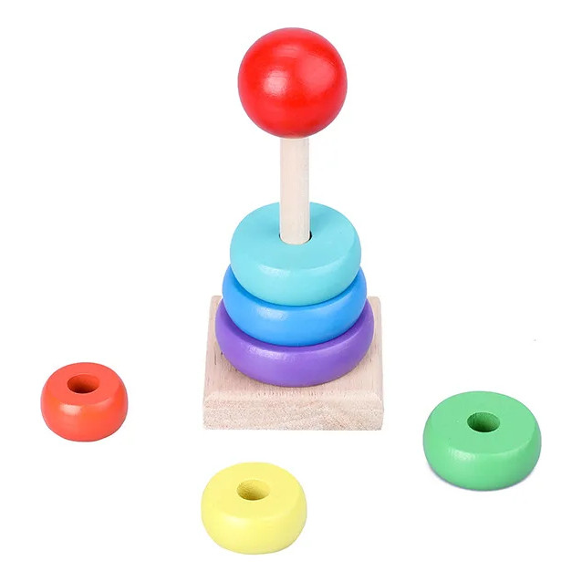 Brinquedo Educativo Torre Montessori Madeira Empilhar Autista Rainbow Pirâmide Encaixe Geométrico