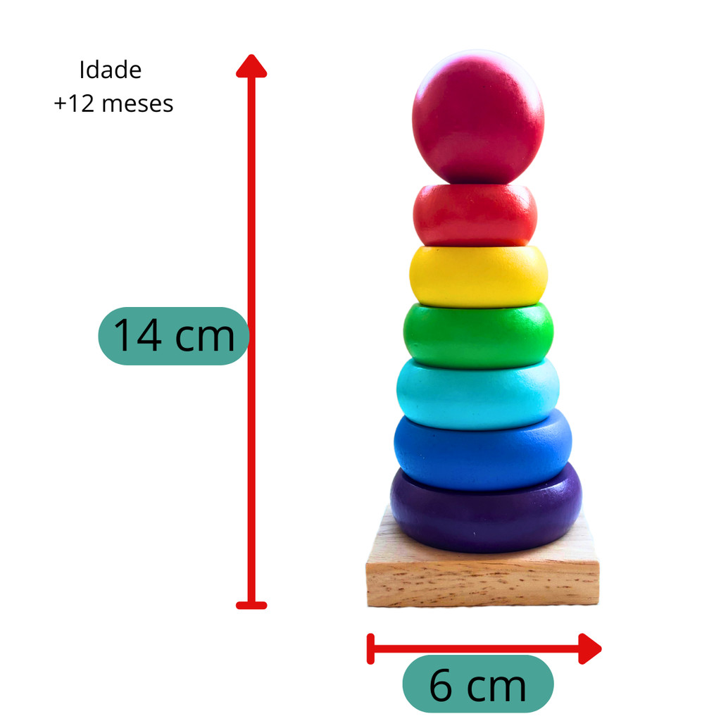 Brinquedo Educativo Torre Montessori Madeira Empilhar Autista Rainbow Pirâmide Encaixe Geométrico