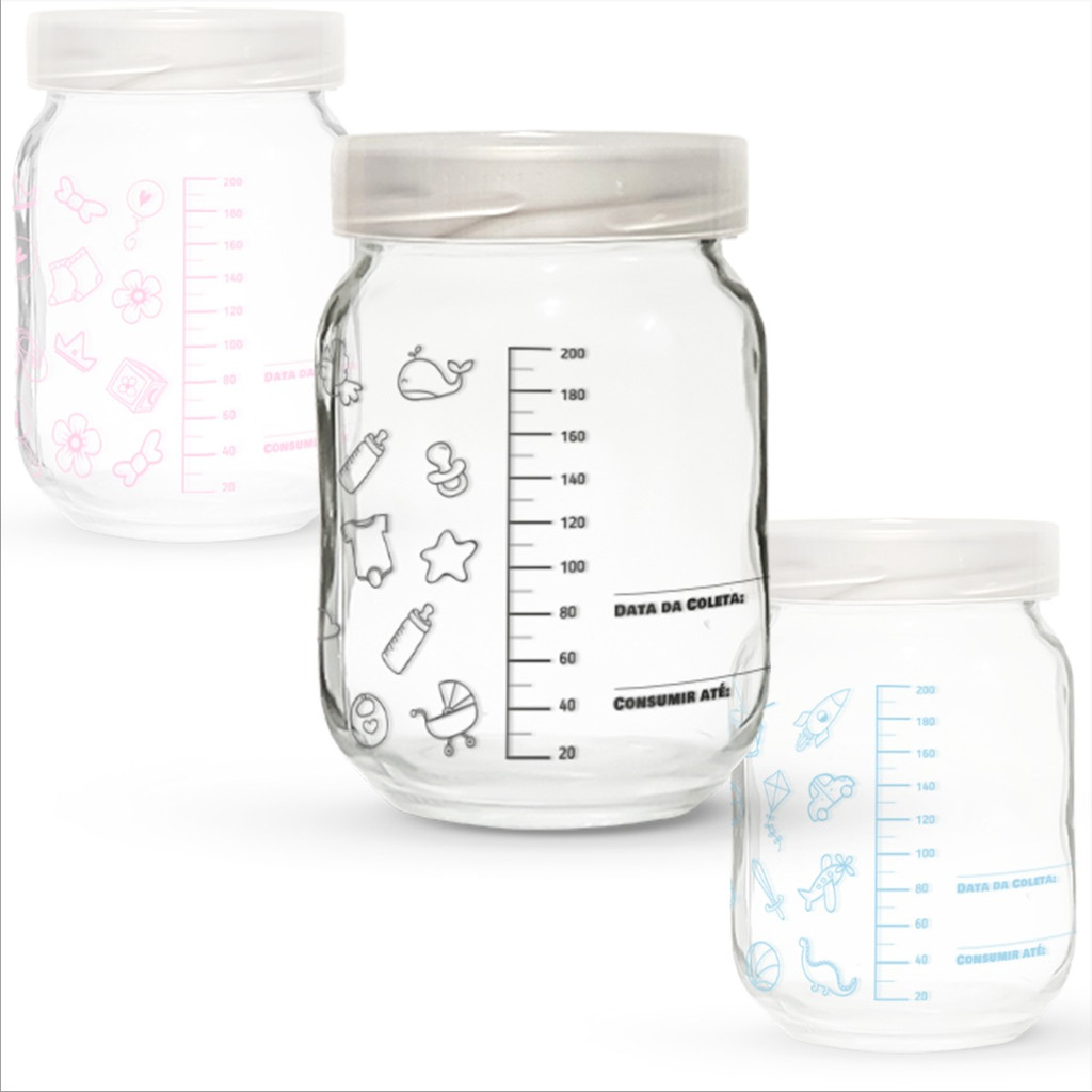 Kit com 6 Potes de Vidro para Armazenamento de Leite Materno – 200ml