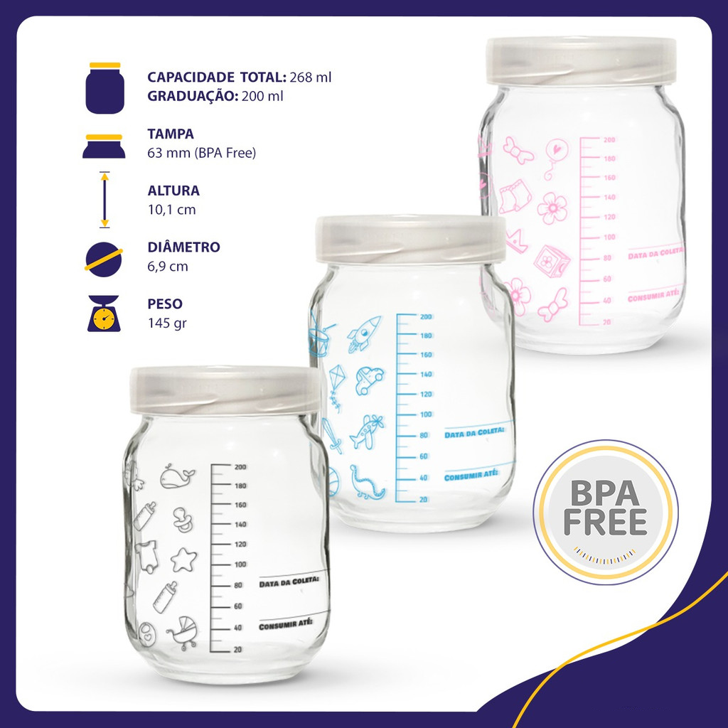 6 Frascos / Potes Vidro P/ Leite Materno - Graduação 200ml