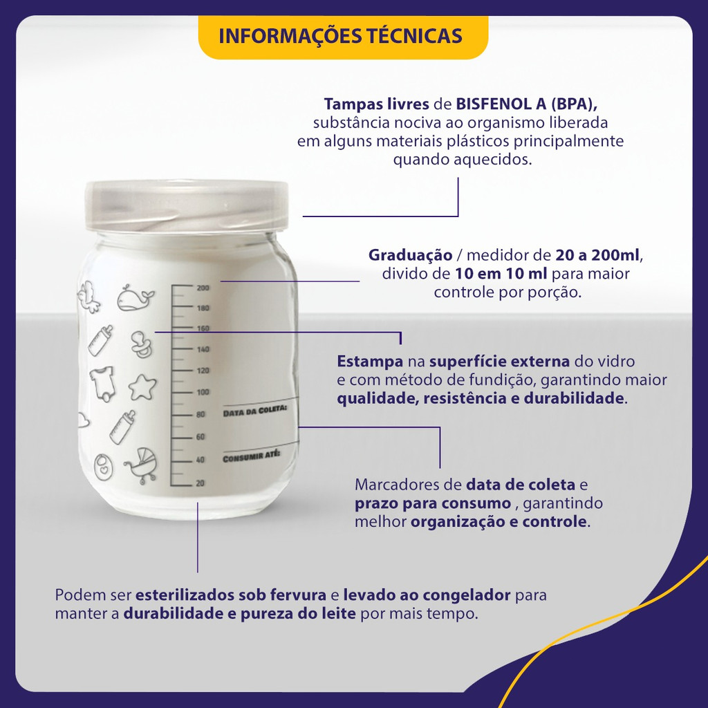 6 Frascos / Potes Vidro P/ Leite Materno - Graduação 200ml