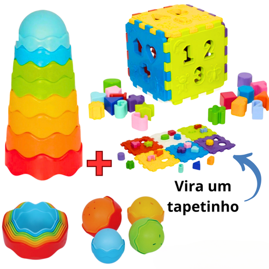 Kit Brinquedos Educativos – Cubo Didático + Torre de Encaixe Colorida