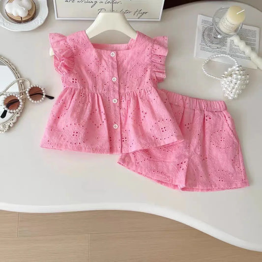 Conjunto de verão infantil rosa em algodão