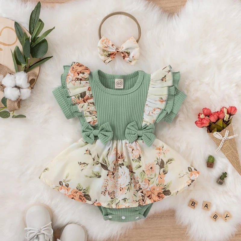 Vestido de verão para bebê menina com laço, macacão listrado de algodão, roupa floral para recém-nascida, roupa para bebê engatinhar.