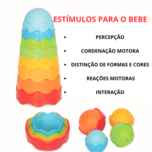 Kit 2 Brinquedos Educativo Empilhar e Encaixar Papagaio + Torre Mágica