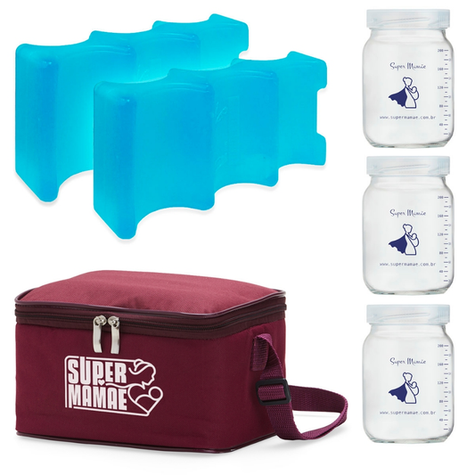 Kit N°2 - Bolsa Térmica com 2 Gelos Artificiais e 3 potes de vidro com graduação 200ml