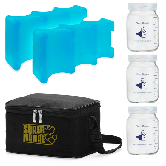 Kit N°2 - Bolsa Térmica com 2 Gelos Artificiais e 3 potes de vidro com graduação 200ml