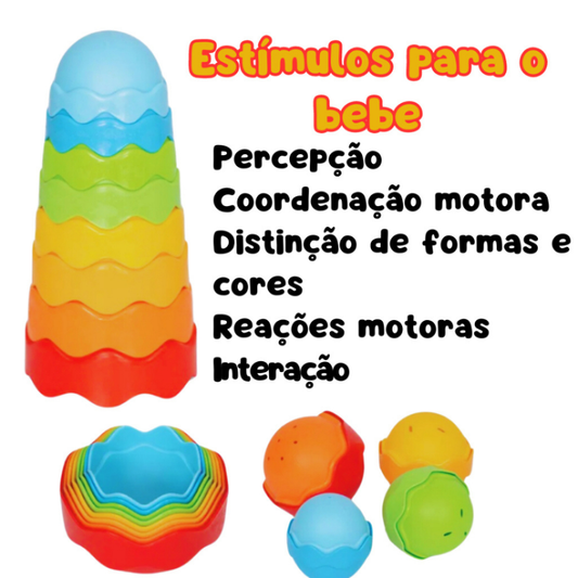 Kit 2 Brinquedo Infantil Didático Torre Mágica+ Cubo Médio Encaixar e Empilhar Menino e Menina 1 Ano