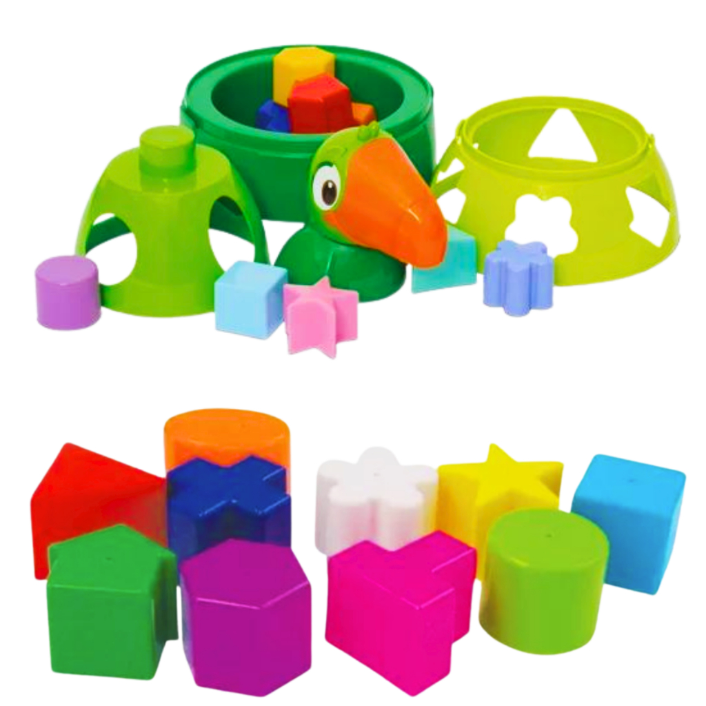 Kit 2 Brinquedos Educativo Empilhar e Encaixar Papagaio + Torre Mágica