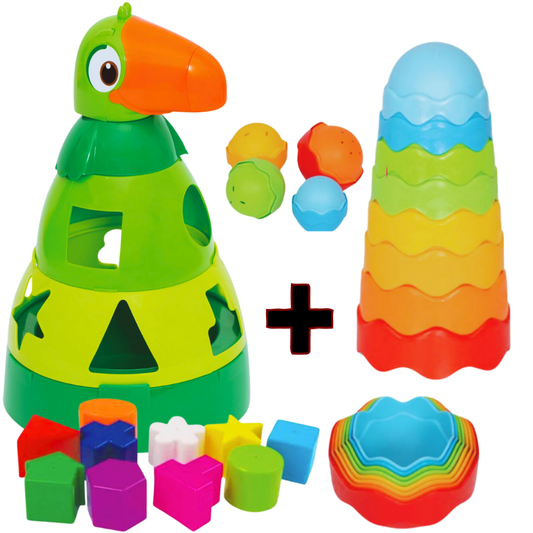 Kit 2 Brinquedos Educativo Empilhar e Encaixar Papagaio + Torre Mágica