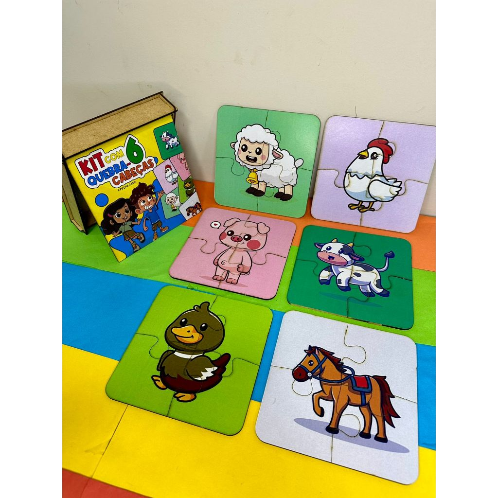 Kit Educativo Quebra-Cabeça de Madeira – 6 Modelos Coloridos com 4 Peças Cada!