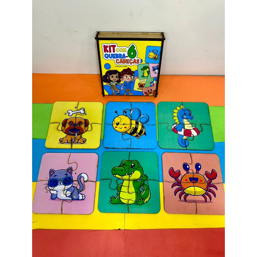 Kit Educativo Quebra-Cabeça de Madeira – 6 Modelos Coloridos com 4 Peças Cada!
