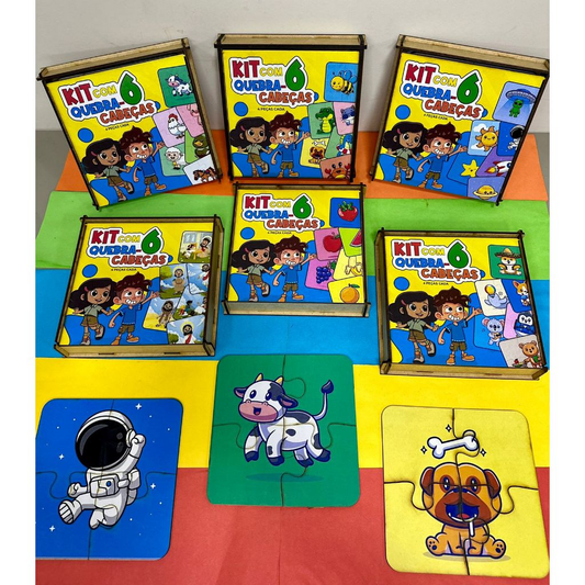 Kit 6 Jogos Quebra Cabeça Animais Infantil em madeira Mdf 4 peças cada (6 unidades) 1 ano