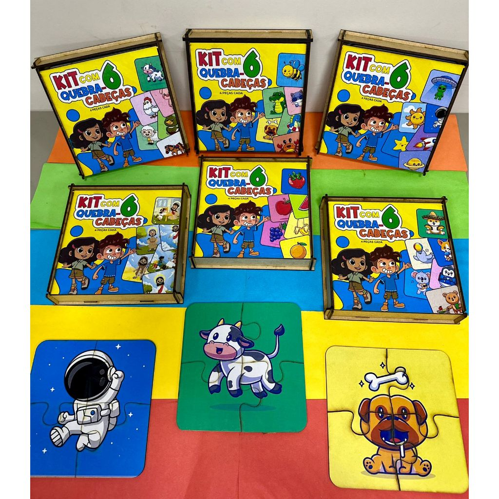 Kit 6 Jogos Quebra Cabeça Animais Infantil em madeira Mdf 4 peças cada (6 unidades) 1 ano
