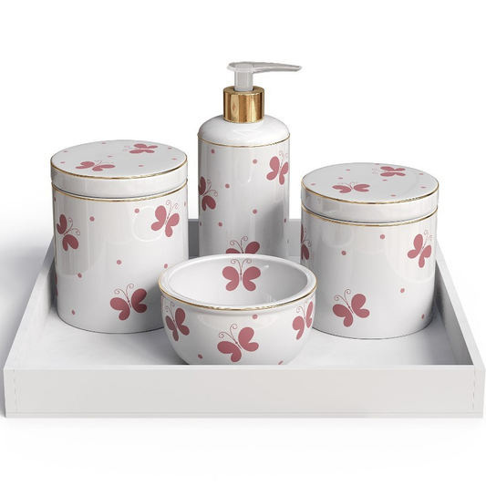 Kit 5 Pecas Higiene Em Porcelana Com Bandeja De MDF Em Branco 3 Variacoes De Decoracao
