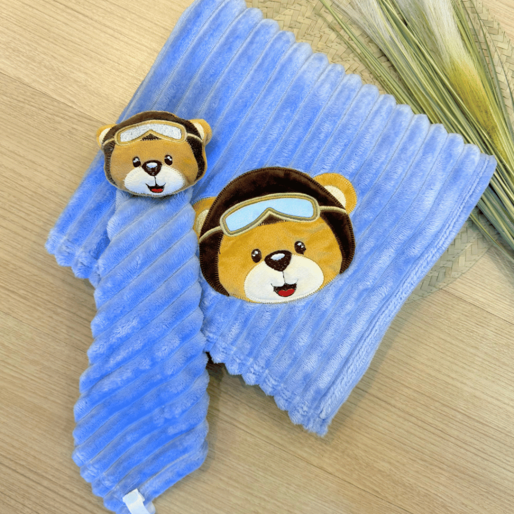 Kit 2 Peças Cobertor com Naninha Para Bebê Anti-alérgico Bordado Masculino e Feminino