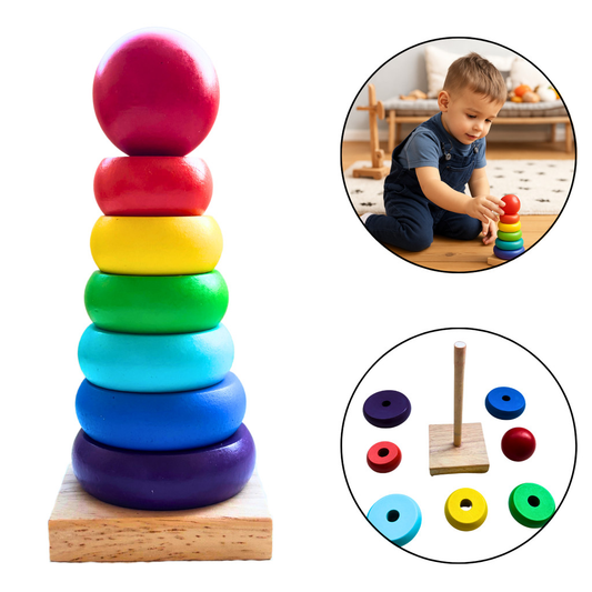 Brinquedo Educativo Torre Montessori Madeira Empilhar Autista Rainbow Pirâmide Encaixe Geométrico