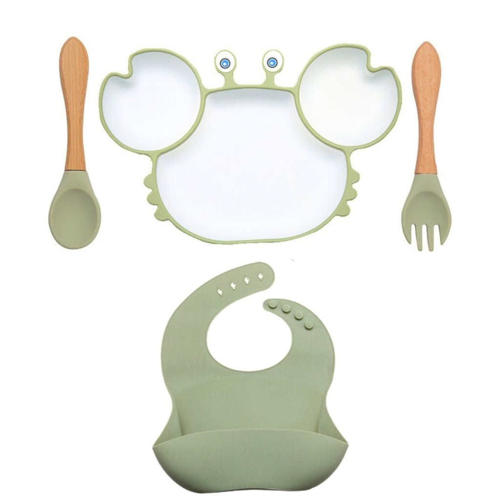 Kit Alimentação Bebê Criança Prato Talheres Babador Silicone Livre de BPA Flexível Ventosa Baby