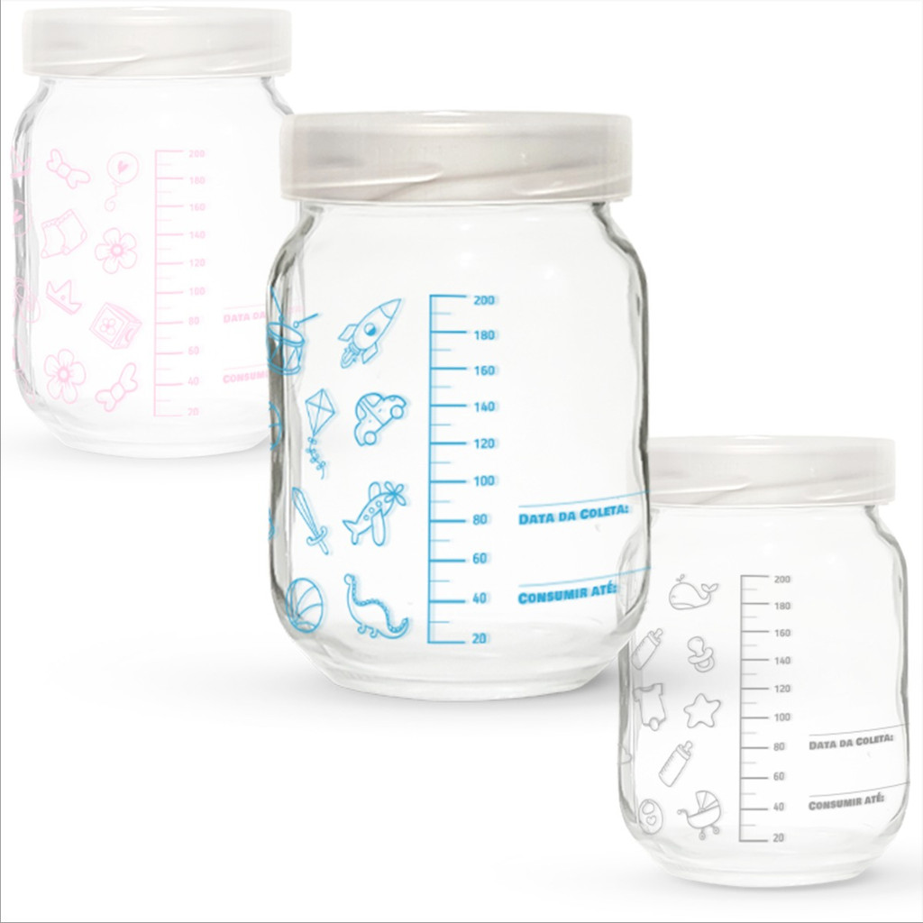 Kit com 6 Potes de Vidro para Armazenamento de Leite Materno – 200ml