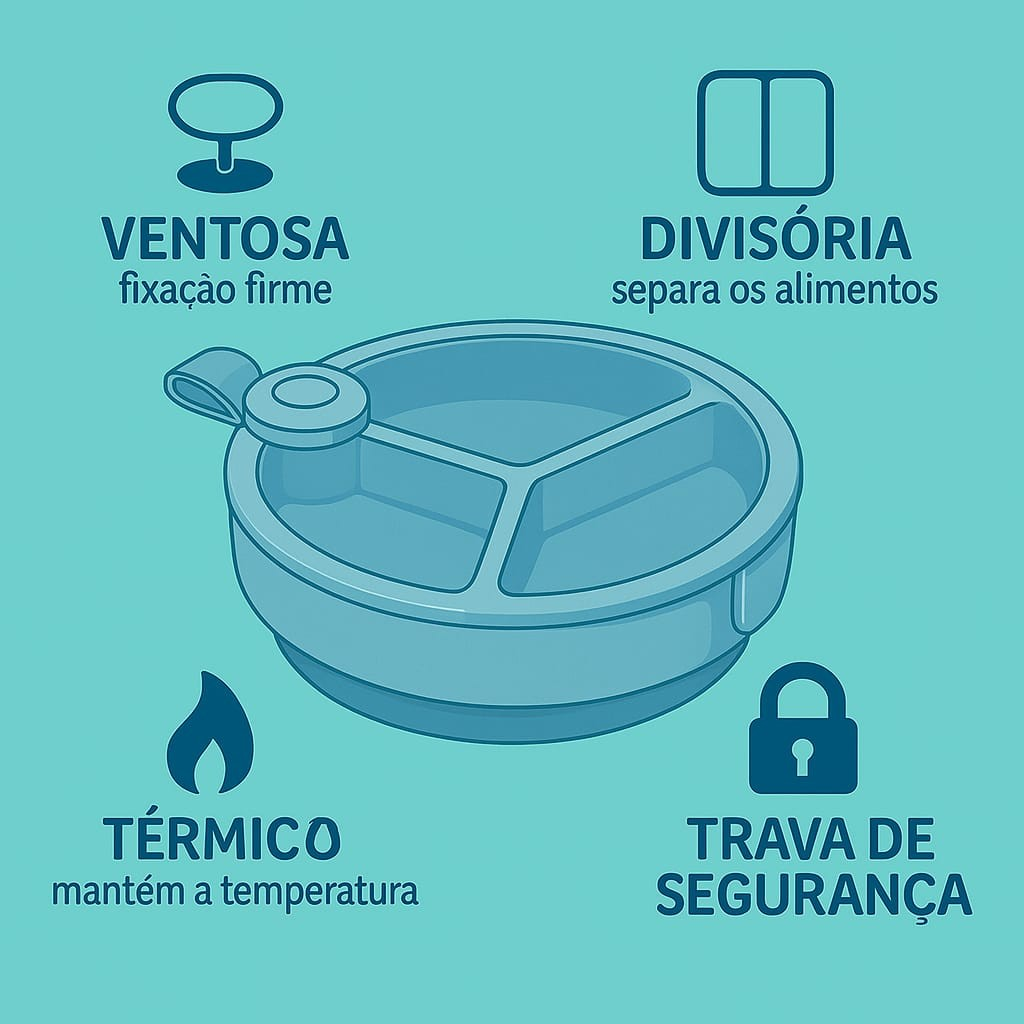 Prato Térmico com Ventosa Refeição Alimentação 318ml para Micro-Ondas 3 Divisórias Plasutil