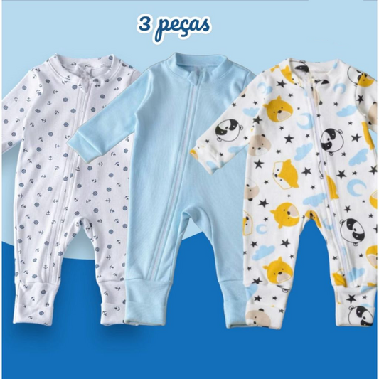 Kit com 3 macacões estampado para menino suedine 100 % algodão
